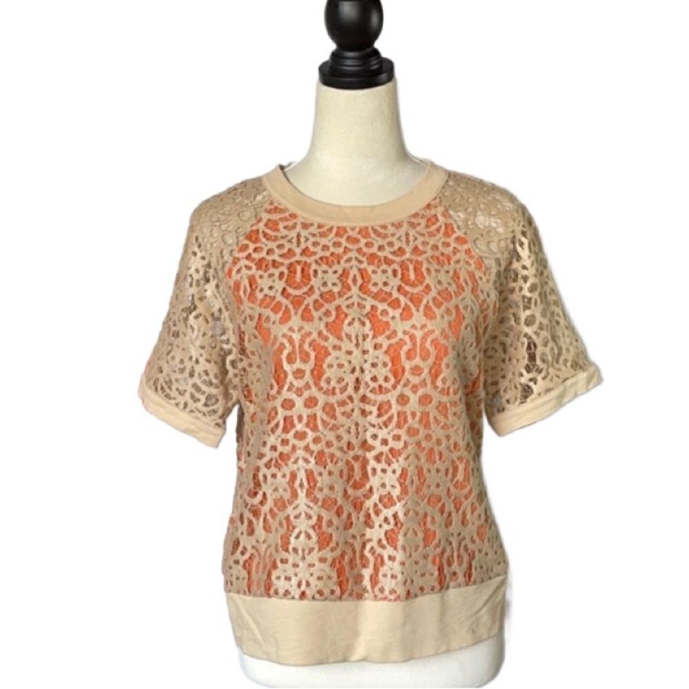 Robert Rodriguez Tan & Orange Layered Top with 100% Silk Trim (Size: Small)